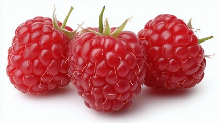 Trio of fresh raspberries on white, Close-up of ripe red berries with stems, Concept of healthy fruit and organic produce