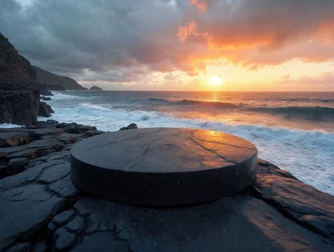 Stone Display Stand Above Foamy Waves Under Cloudy Sky