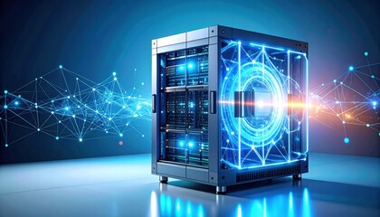 Lit server with glowing network around it, technology theme, deep blue background