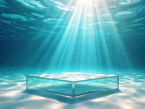 Transparent Podium Beneath Shallow Water Surface with Sun Rays