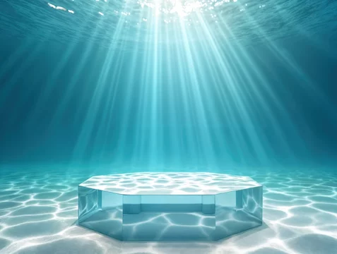 Floating Glassy Podium Below Water Surface with Air Bubbles