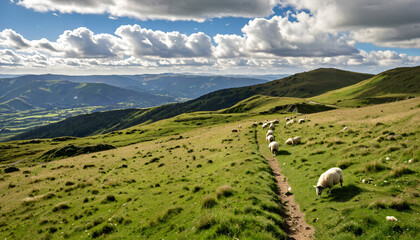 Fototapeta premium Le chemin des moutons à travers la campagne.