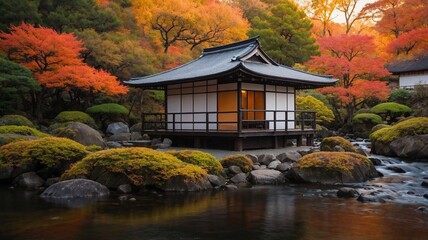 A scenic riverside with a wooden Japanese house in snow-capped hills, sunset with soft golden light and romantic tone