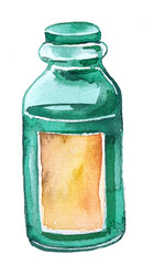 Magical potion with an eye in a bottle. Green mysterious liquid. Halloween themed clipart. Witch's brew illustration. Wizard concept background.