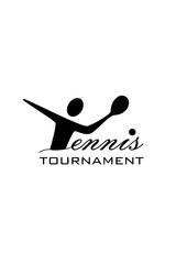 Minimalist vector logo of a tennis player silhouette with racket and ball, combined with stylized text “Tennis Tournament,” ideal for sports events, clubs, or branding.