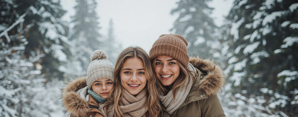 Obraz premium Happy Family Winter Portrait in Snowy Forest