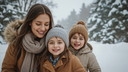 Happy Family Winter Portrait in Snowy Forest