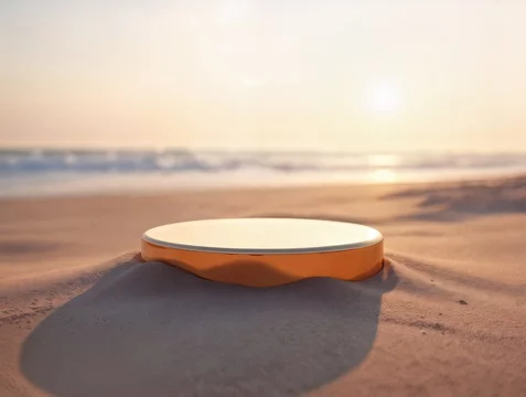 Shiny Podium in Fine Sand with Golden Sunset Glow