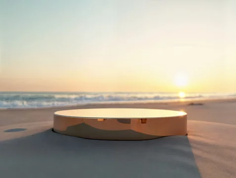Glossy Mirrored Podium in Beach Sand at Golden Hour