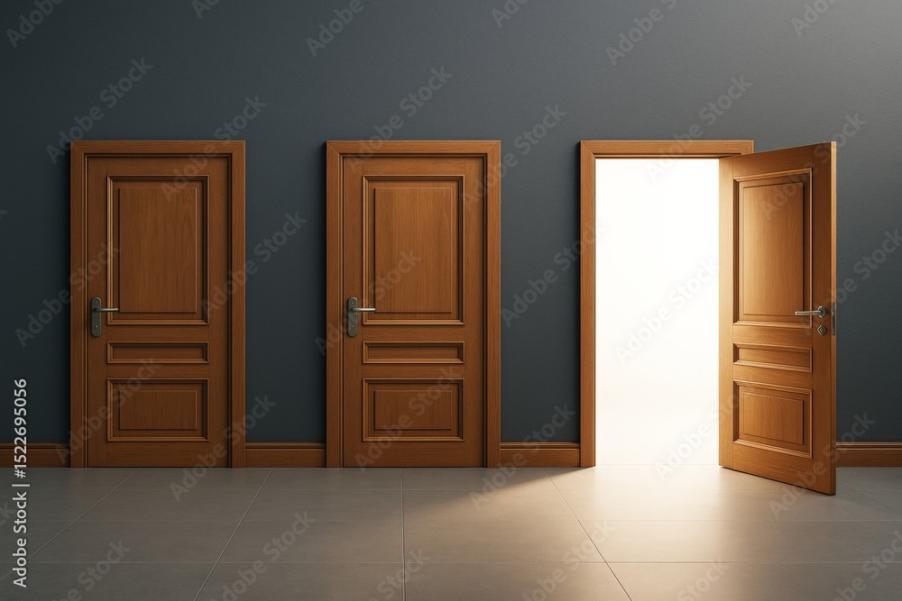 Poster three closed wooden doors with one open glowing door on dark background symbolizing opportunity and 