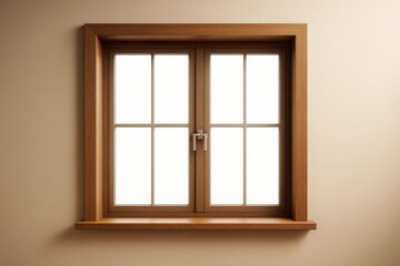 Fototapeta premium Wooden frame window with closed glass panes on beige wall background, minimalistic bright light interior concept, clean graphic style.