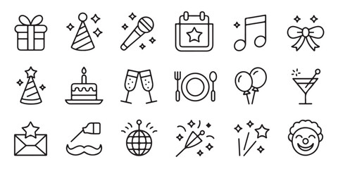 Festive party icons black outlines celebrating special occasions and events
