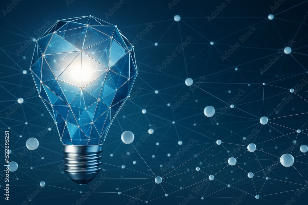 Poster Abstract glowing polygonal light bulb with connected nodes on a dark tech network background symbolizing innovation and digital technology concept.