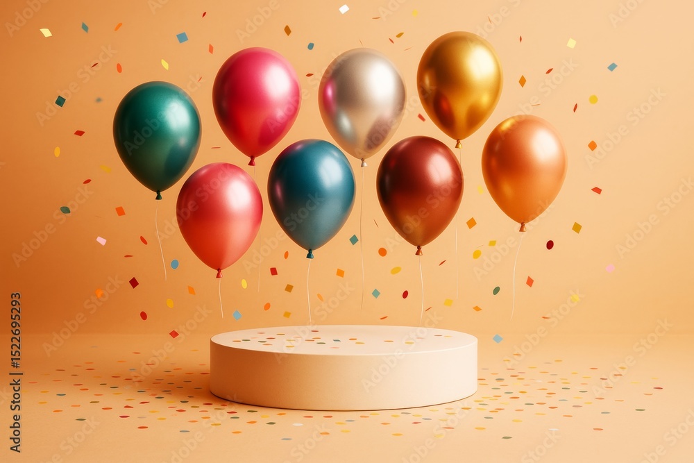 Poster colorful helium balloons and confetti floating above a round platform on pastel background in minima
