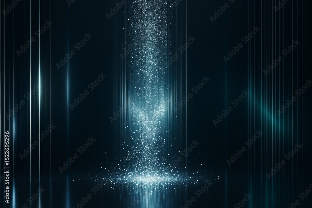 Poster Abstract blue light particles falling in digital column with vertical streaks on dark futuristic background, concept of data stream and energy flow.