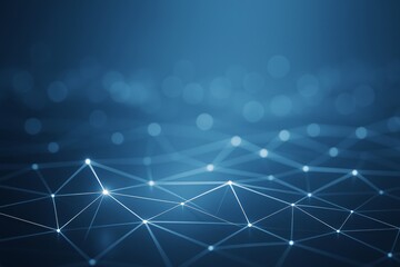 Abstract blue digital network background with glowing light points and connecting lines on a dark gradient backdrop, futuristic technology concept.
