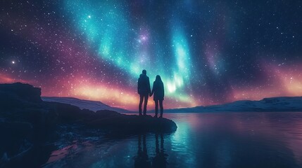 Fototapeta premium Silhouetted family against the cosmic aurora borealis