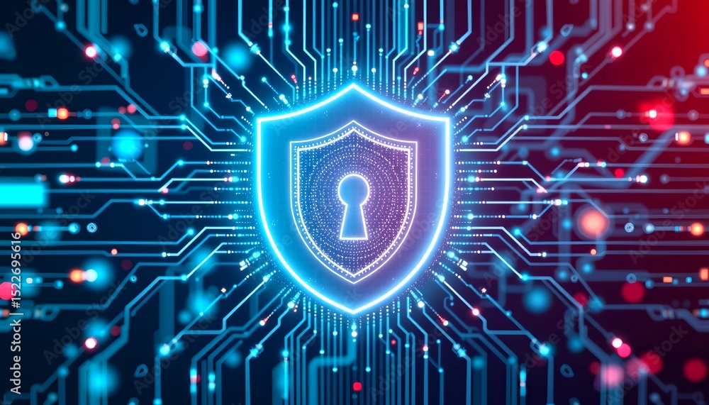 Poster a digital shield with a keyhole, symbolizing cybersecurity, glowing amidst a network of interconnect