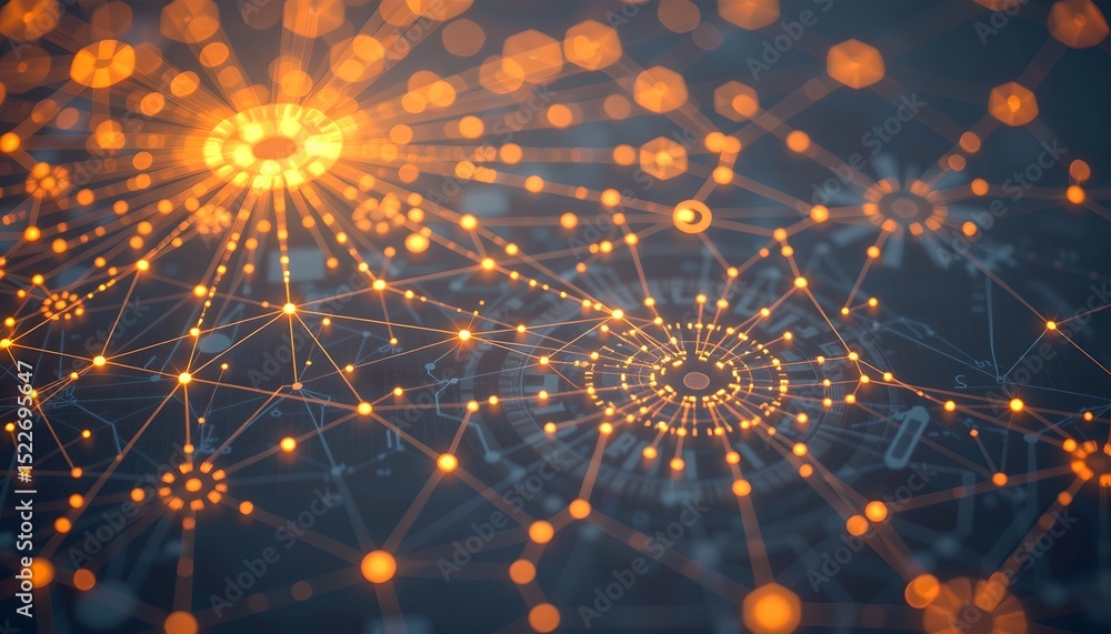 Aufkleber glowing network nodes and connections. Abstract digital illustration showing data flow and connectivity
