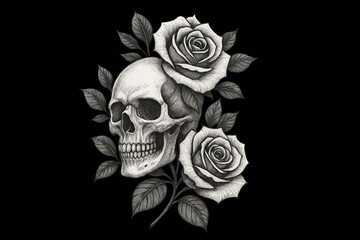 Skull surrounded by red roses in a tattoo design, isolated on transparent background.