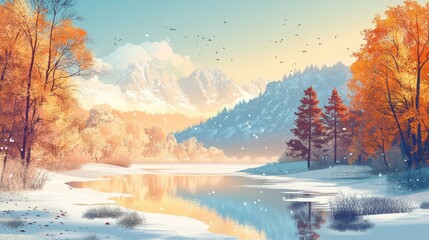 Serene Autumn Landscape with Vibrant Foliage and Snow-Capped Mountains Reflected in Calm River under Soft Pastel Sky at Dusk