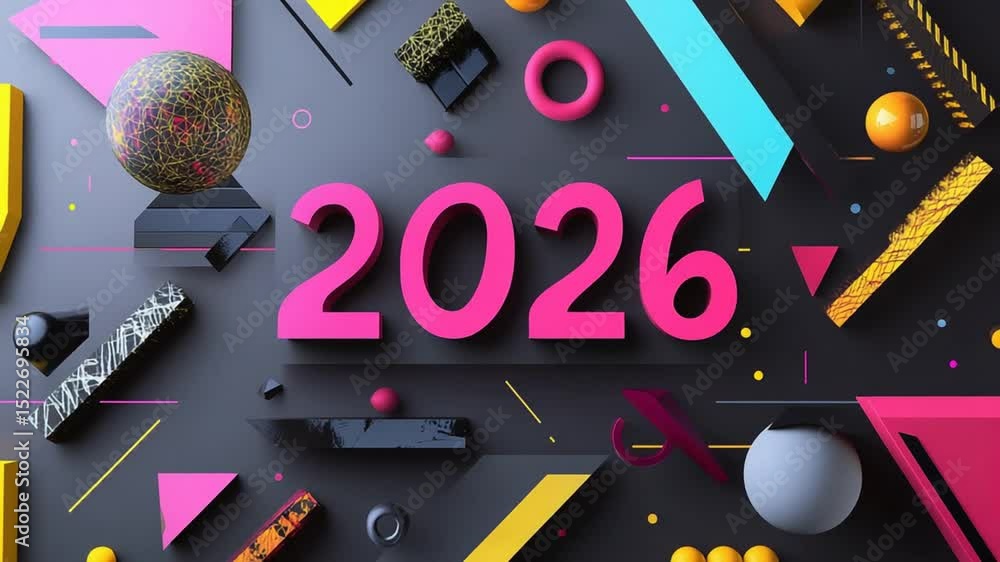 Poster 2026 written in bold with futuristic geometric background patterns