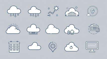 Collection of cloud computing icons with various symbols representing data storage and processing services created with generated ai