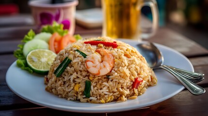 Delicious Shrimp Fried Rice Served with Fresh Vegetables and Lime