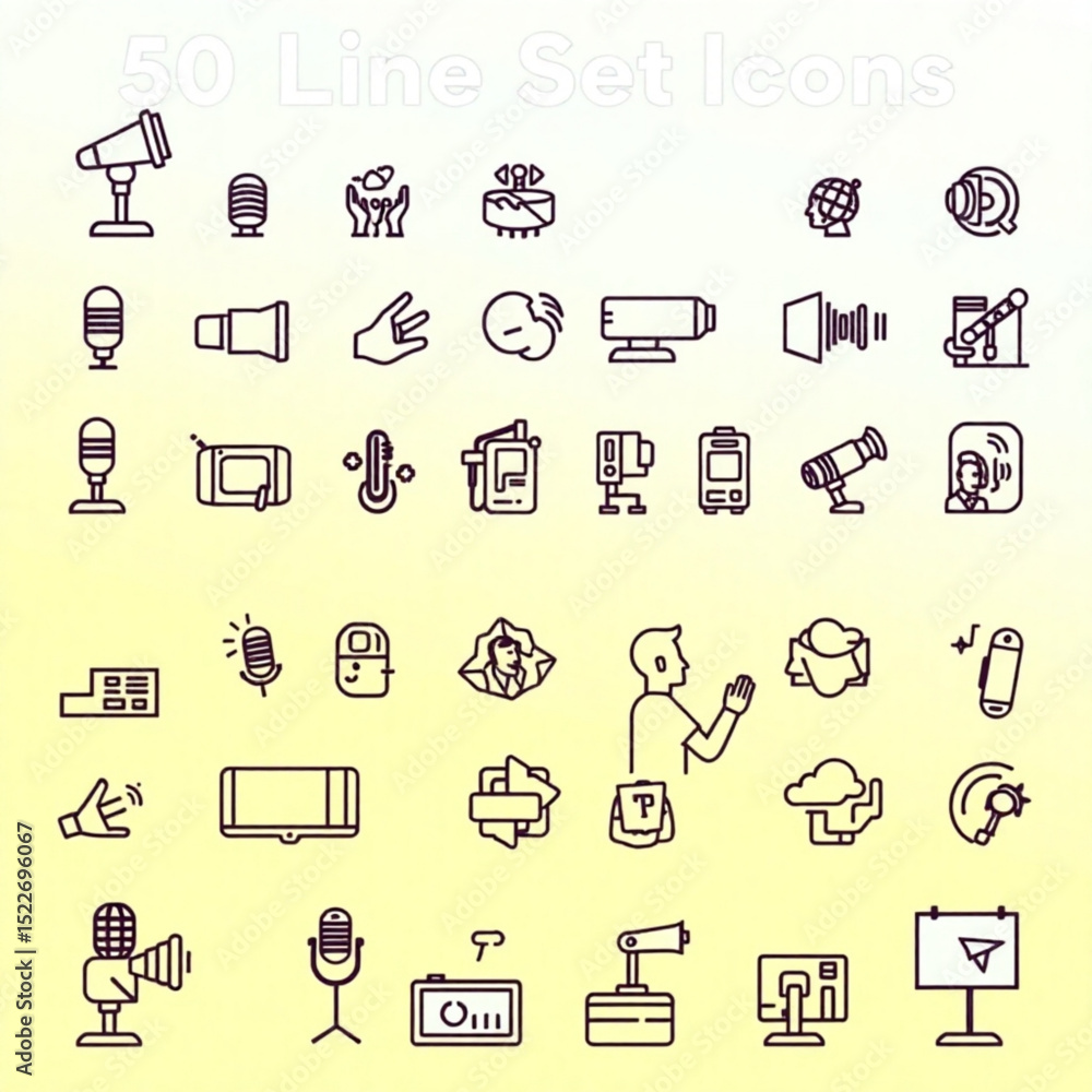Poster collection of fifty line art style icons depicting various objects and concepts on a gradient backgr
