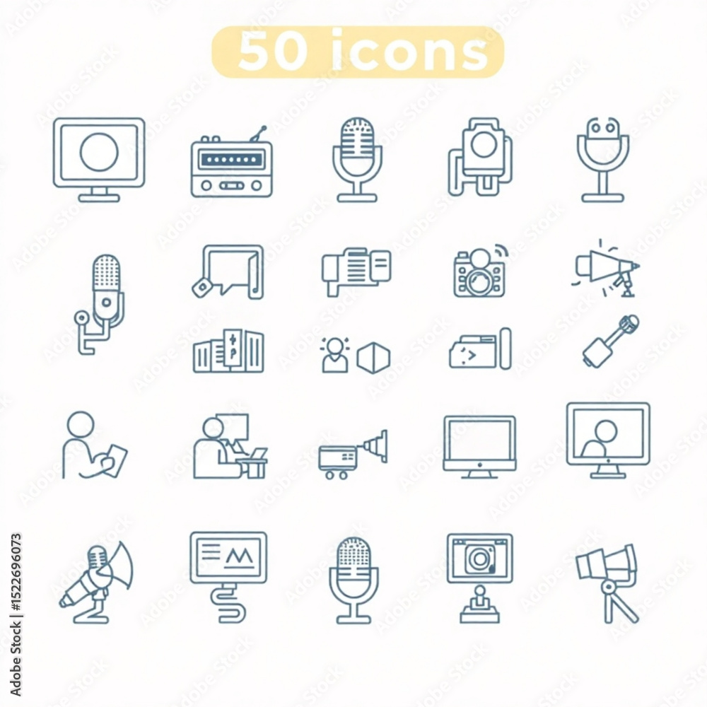 Poster collection of twenty line art icons featuring media and communication equipment in a grid arrangemen