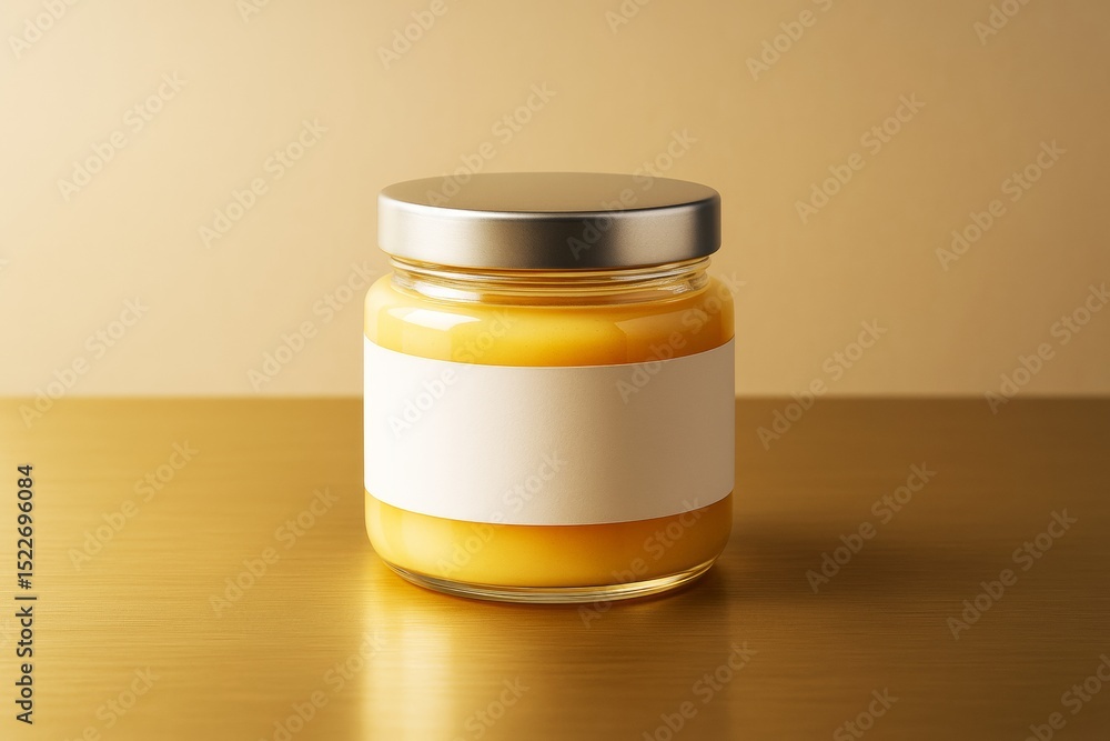 Aufkleber glass jar filled with yellow cream featuring blank white label, placed on golden surface with warm l