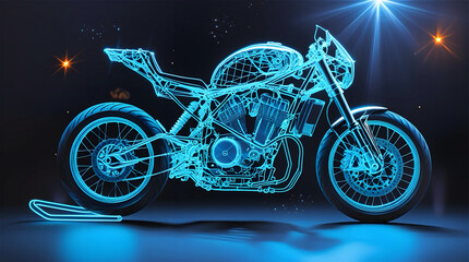 Futuristic Neon Blueprint of Motorcycle Frame and Engine