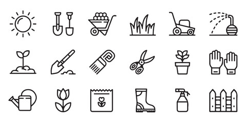 Gardening tools and equipment icons collection in modern minimalist line art style