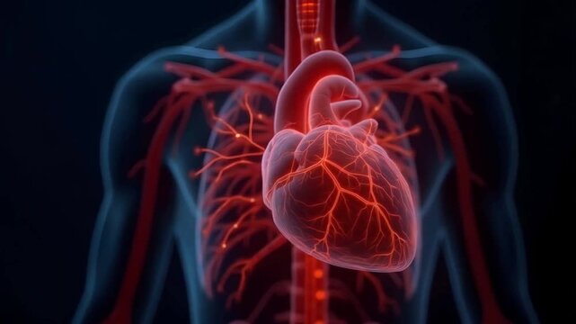 A medical diagram of Angina pectoris, depicted with vibrant, glowing arteries against a dark, anatomical background