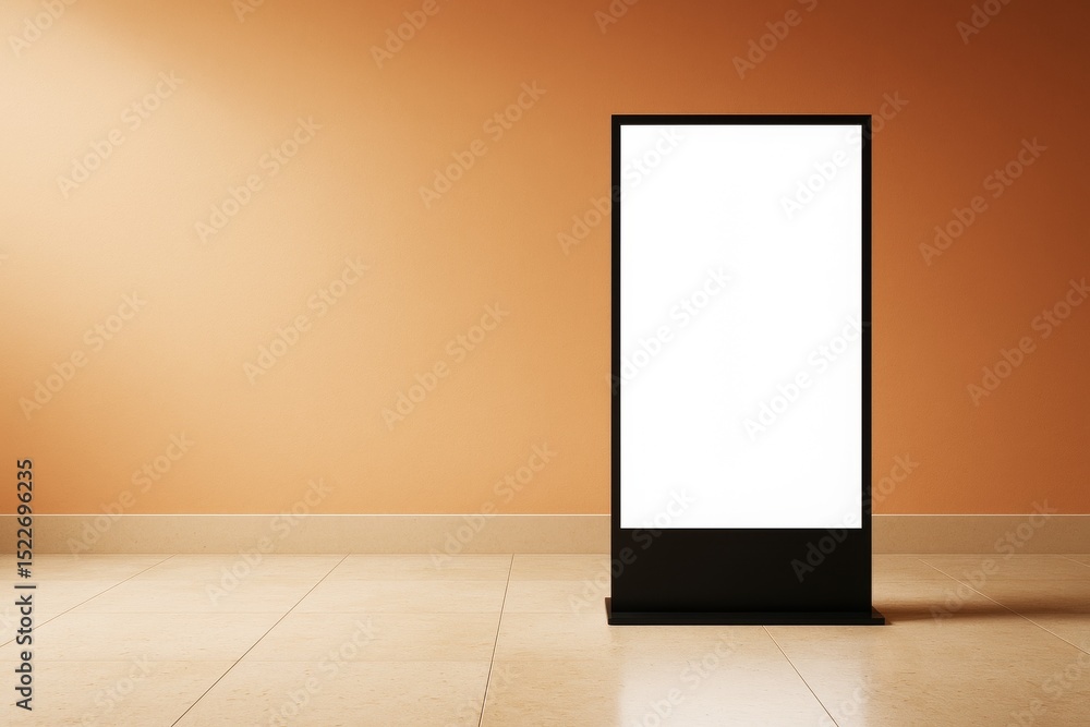 Poster blank vertical display mockup with white lighted screen on clean tiled floor and orange wall backgro