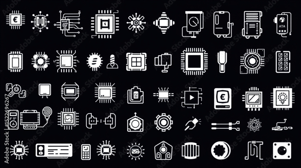 Poster collection of white circuit board icons and electronic components on black background design element