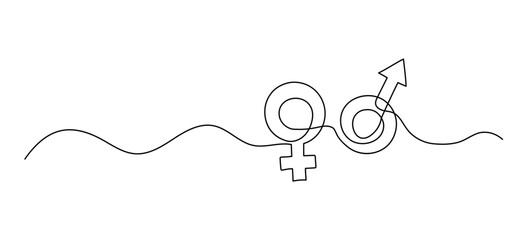 Gender symbol one line drawing, man and woman icon continuous outline isolated sketch, concept of balance