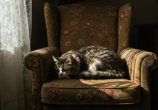 Fluffy Cat Sleeping on Vintage Floral Armchair