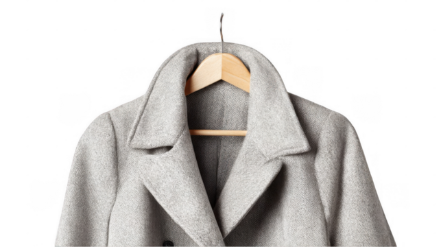 Light gray coat elegantly draped over a wooden hanger, isolated on a transparent background, offering a stylish option for fashion and retail projects