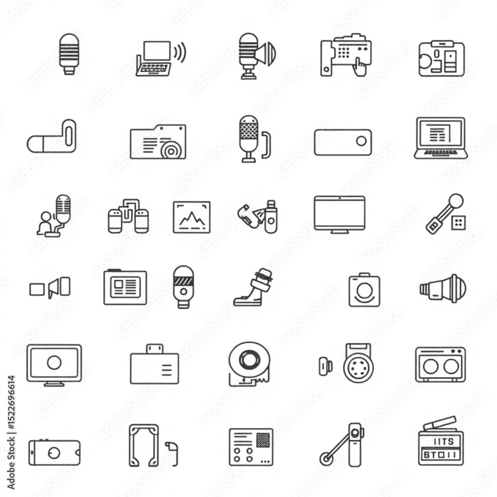 Poster collection of various electronic devices and equipment icons in a line art style display format crea