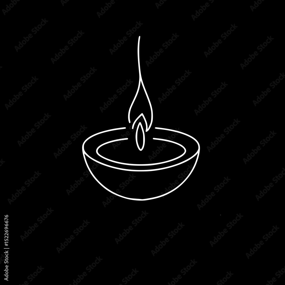 Poster simple line drawing of a candle with flame on black background - concept of single line outline vect