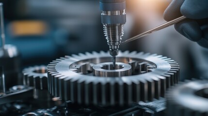 Close-up of Intricate Mechanical Gear with Precision Tool and Focused Worker Hand