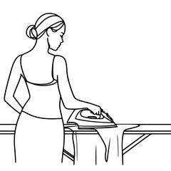 Woman ironing clothes at home in a minimalist outline vector style  