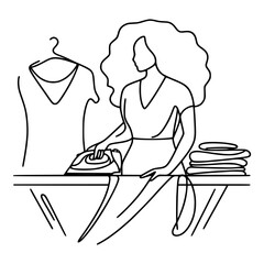 Woman ironing clothes while standing at a table with a dress and towels - Concept of single line outline vector  