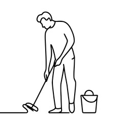 Man cleaning the floor with a mop beside a bucket in a minimalist style - Concept of single line outline vector