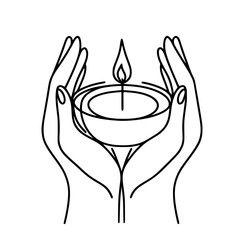 Hands holding a candle in a minimalist style, concept of single line outline vector  