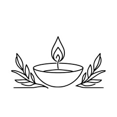 Decorative candle with flame and leaves in simple line art style Concept of single line outline vector  