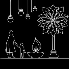 Mother and child standing near a lamp and decorative flower outline  