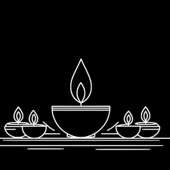 Simple outline lines of decorative candles on black background, India