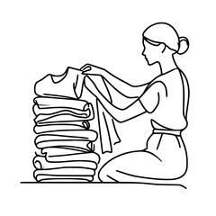Woman folding clothes while sitting beside a stack of laundry - Concept of single line outline vector  